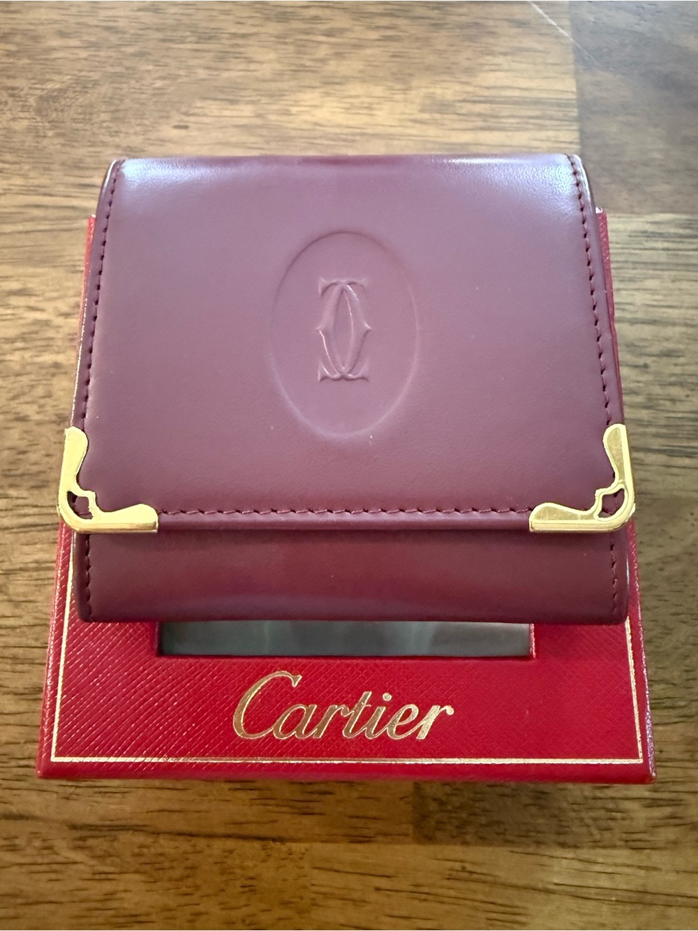 Must de Cartier Bordeaux Leather Square Pouch with Gold Corner Hardware